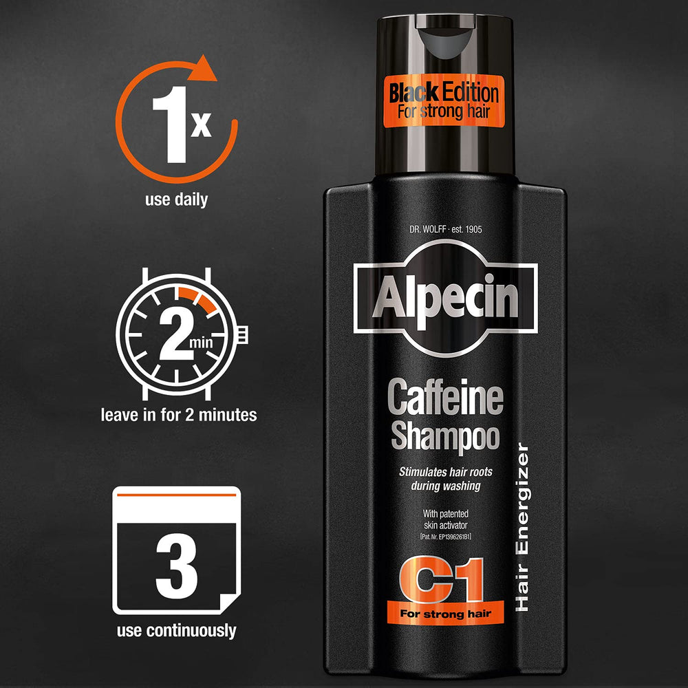 alpecin c1 black edition hair close-up shows fuller-looking strands and shine.