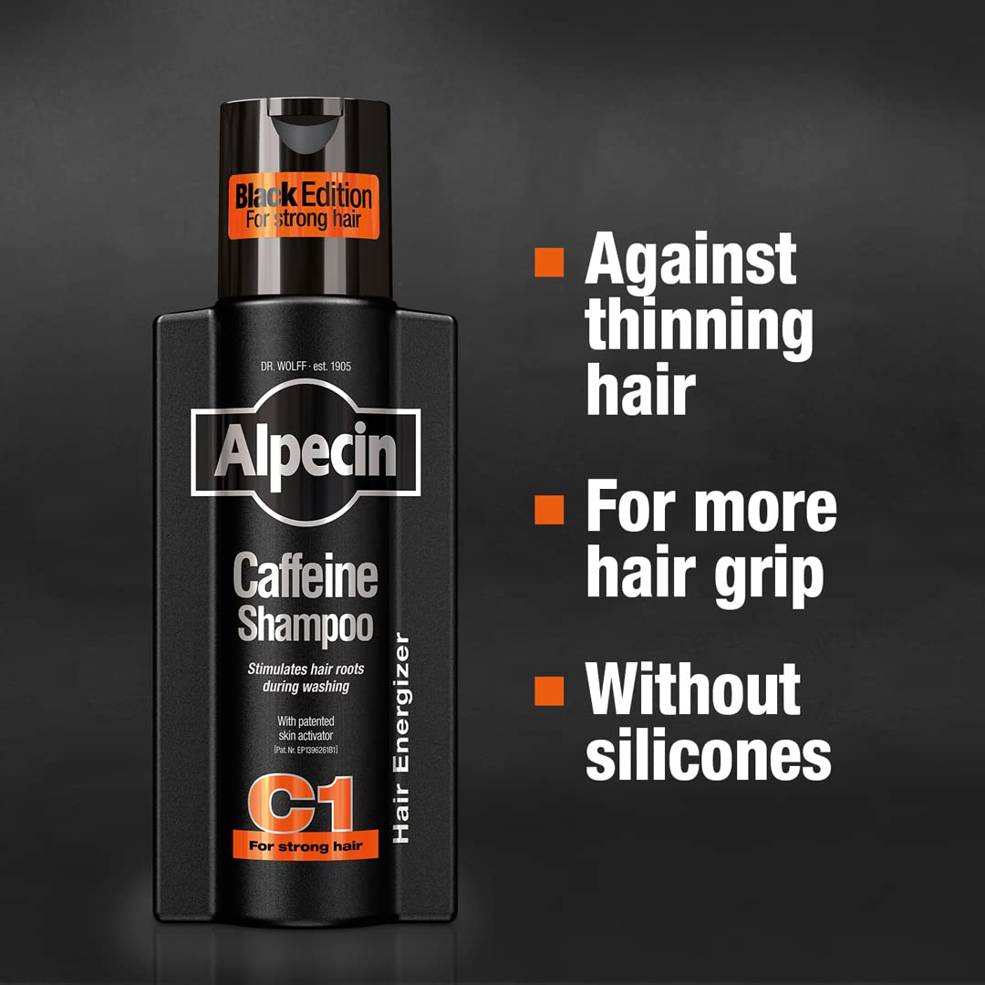 alpecin c1 black edition label close-up highlighting caffeinated formula for stronger roots.