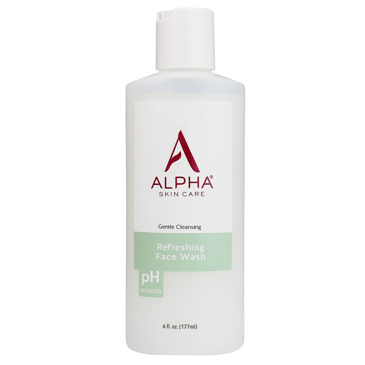 Alpha Skin Care limpiador facial: botella sobre encimera; sensación de frescura en la piel.