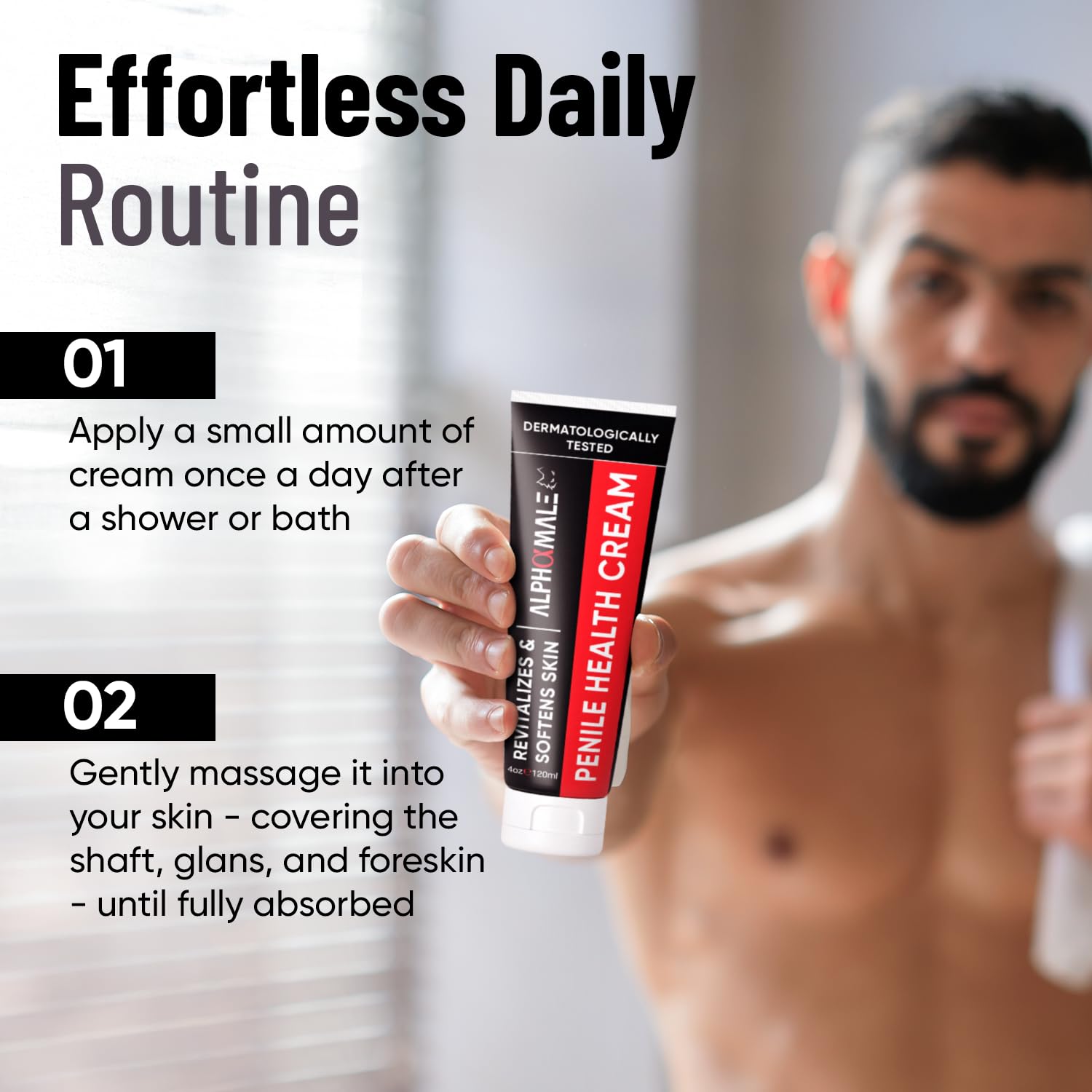 AlphaMale-envase-4oz-caja-compacta: práctico formato para uso diario.