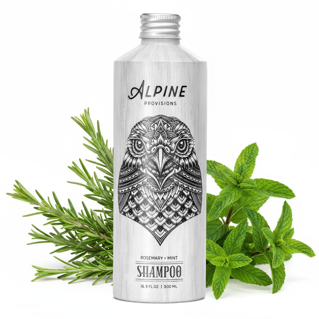 Alpine Provisions Champú natural con romero y menta, botella, limpieza suave y revitalización.