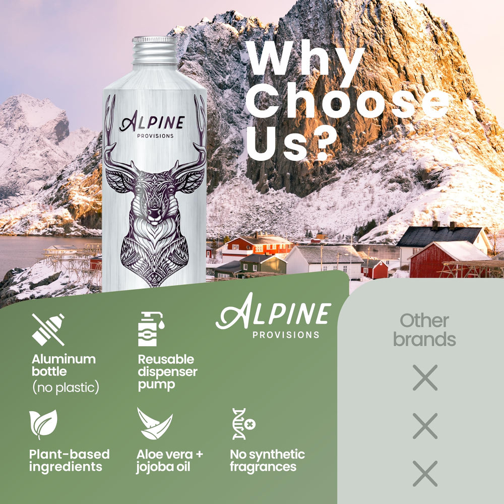 Alpine Provisions champú con jojoba y aloe; cuero cabelludo nutrido y brillo.