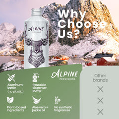 Alpine Provisions champú con jojoba y aloe; cuero cabelludo nutrido y brillo.