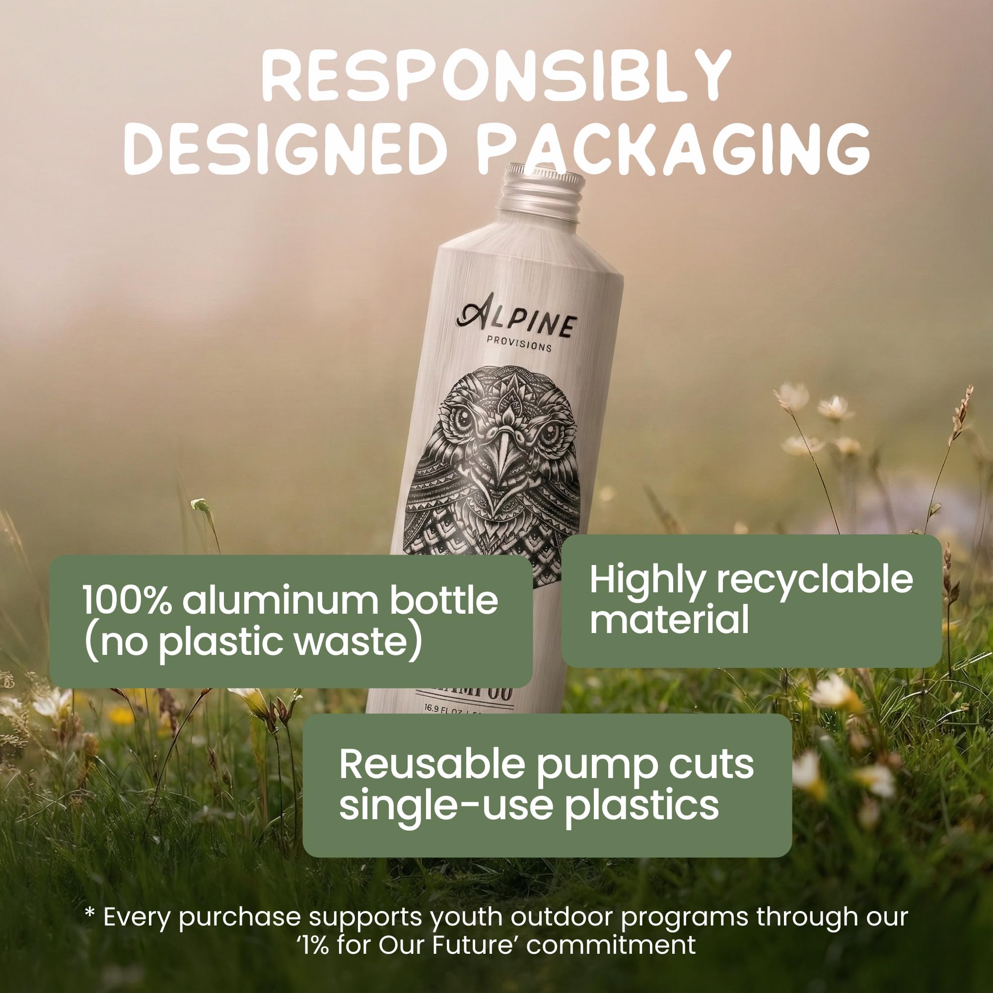 Alpine Provisions Envase eco sin plástico, champú natural y fórmula sostenible.