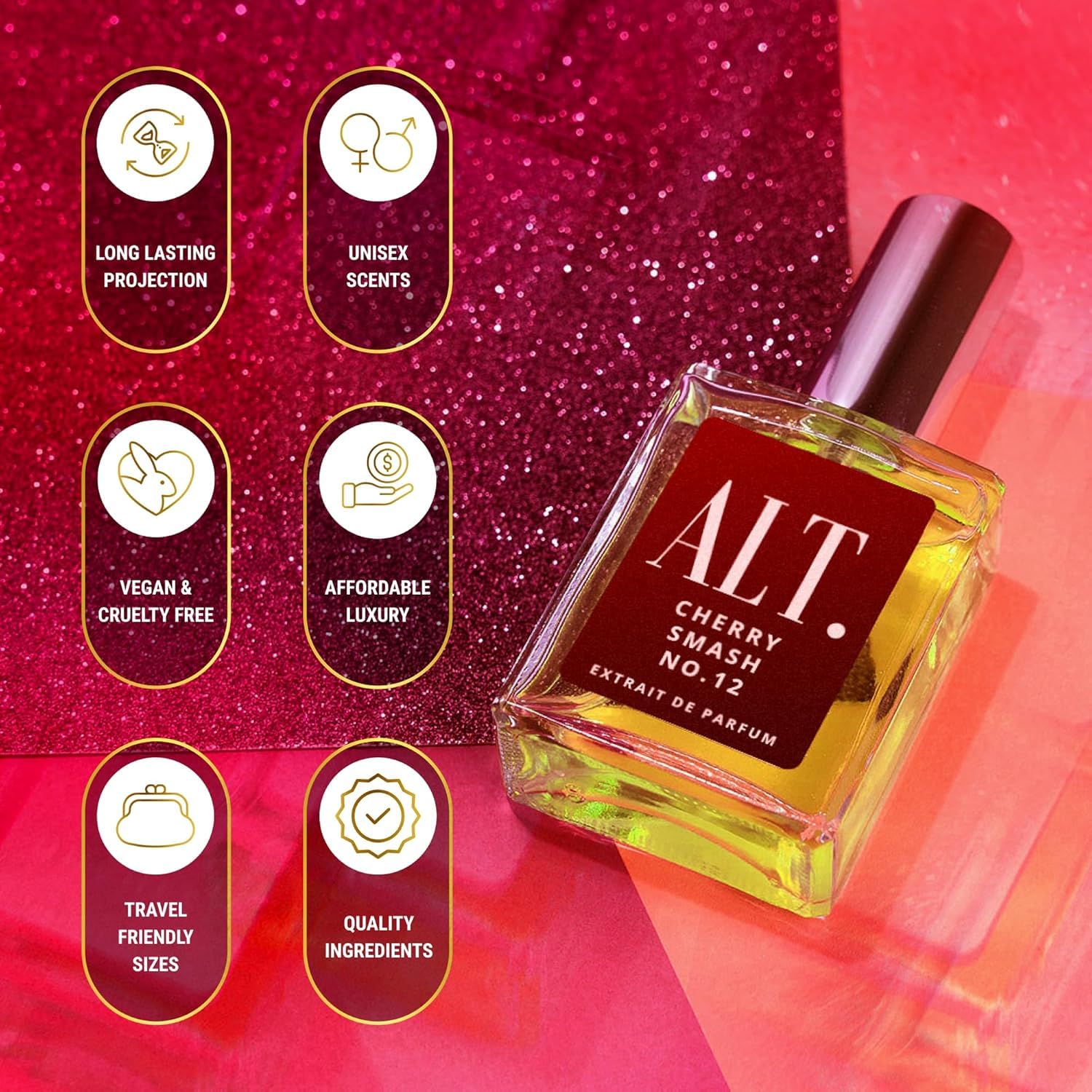ALT. FRAGRANCES Cherry Smash: etiqueta atractiva que sugiere lujo accesible y discreción.