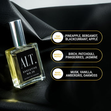 ALT. Fragrances Executive No.26: notas de corazón complejas aportando sofisticación floral y masculina.