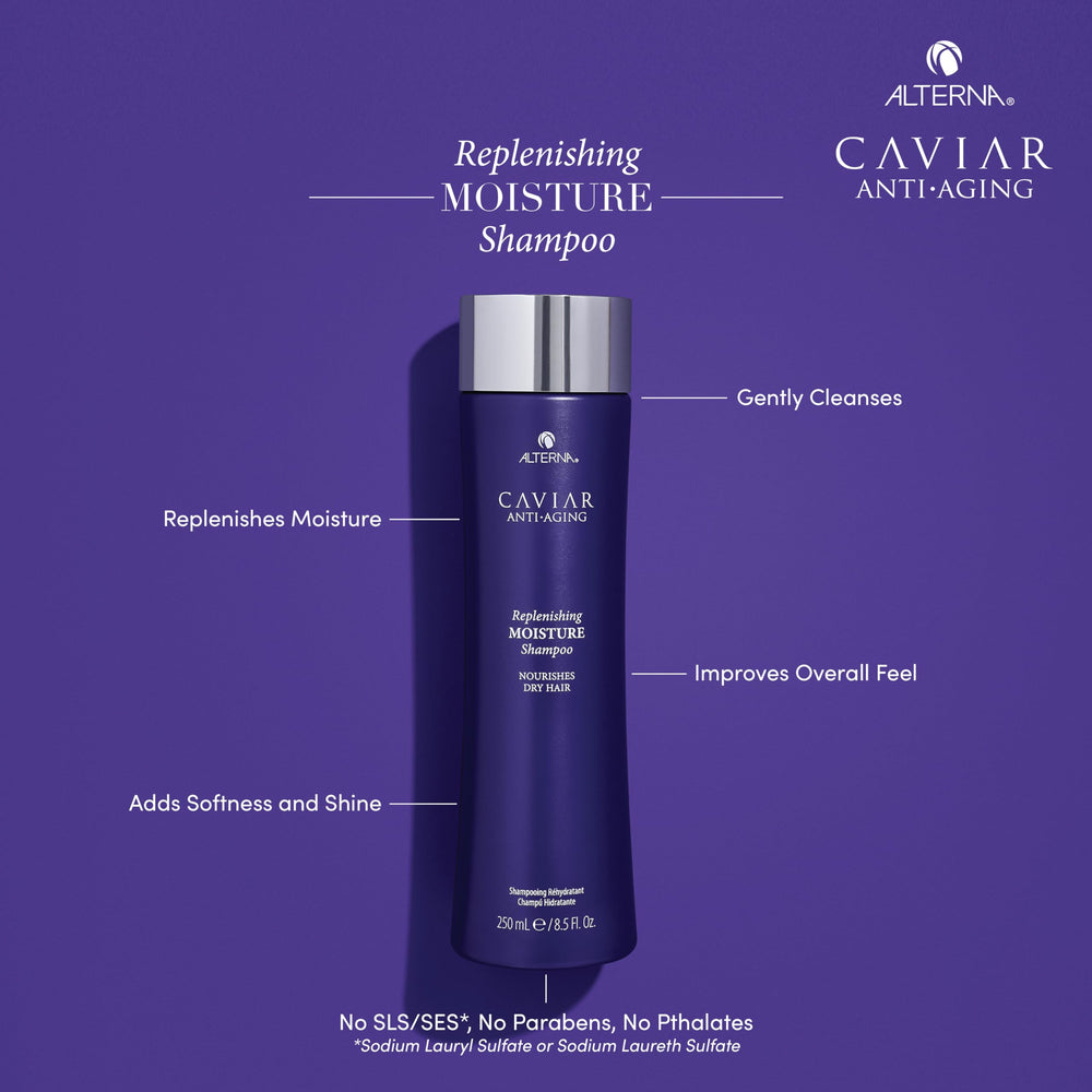 Alterna Caviar Anti-Aging Replenishing Moisture Conditioner bottle adds softness and manageability.