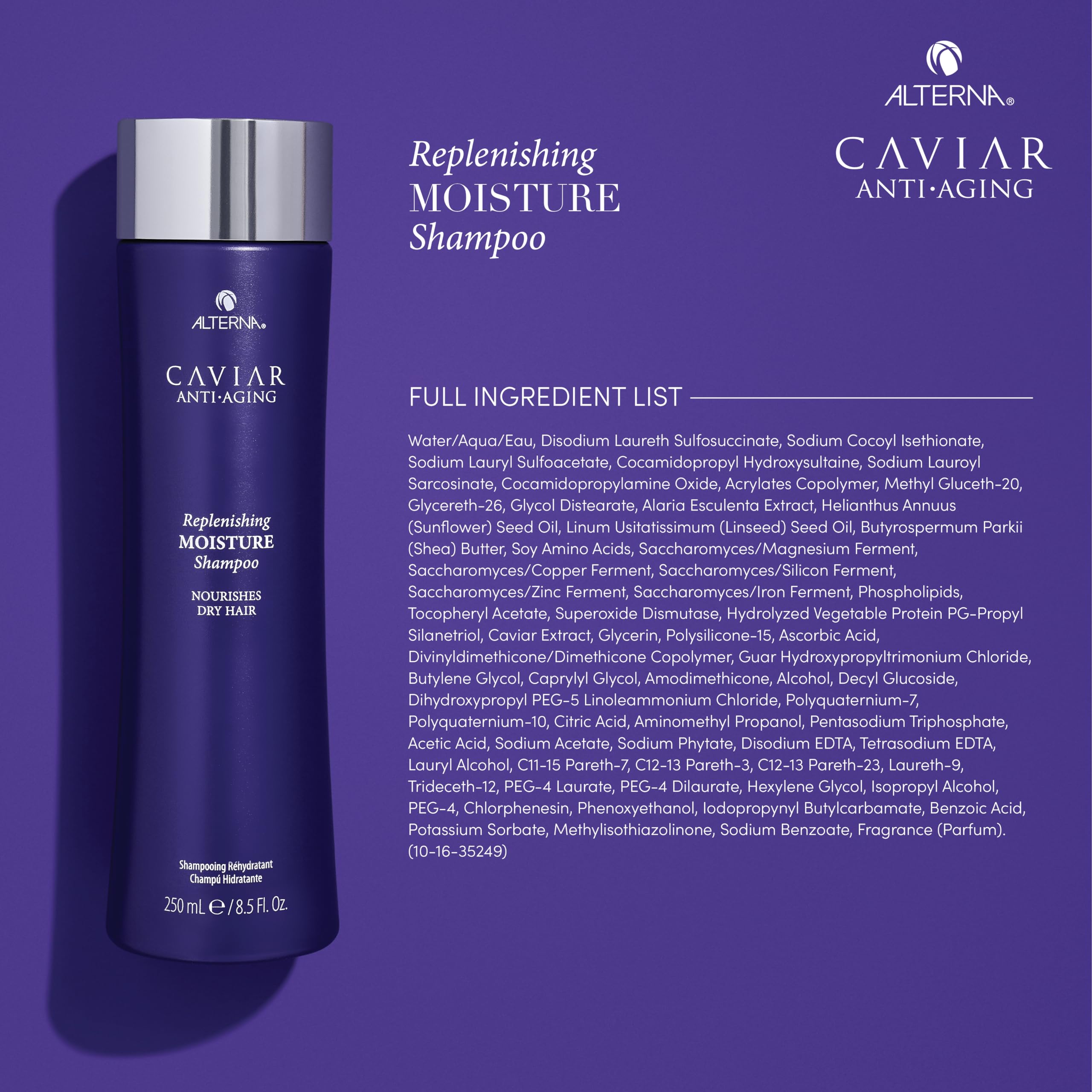 Alterna Caviar Anti-Aging Replenishing Moisture Shampoo close-up shows creamy lather.