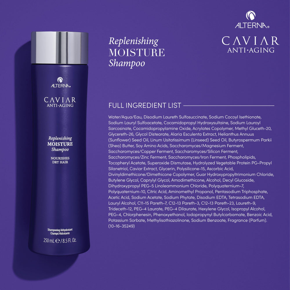 Alterna Caviar Anti-Aging Replenishing Moisture Shampoo close-up shows creamy lather.