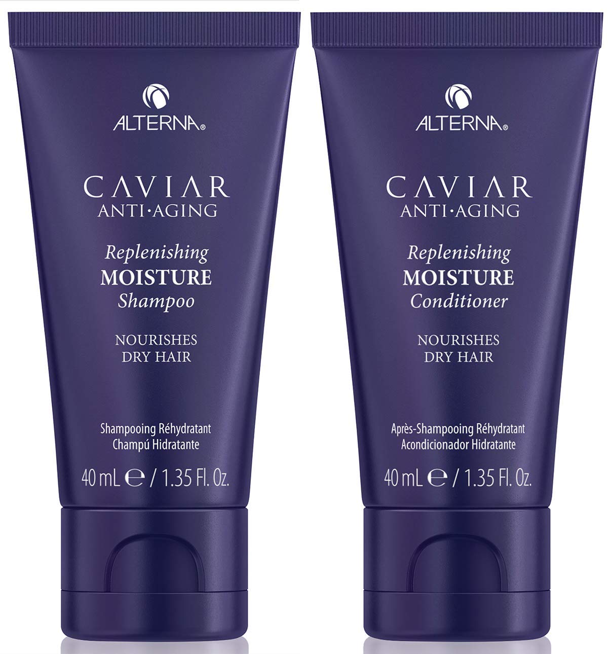 Alterna Caviar Anti-Aging Shampoo, botella vertida, hidrata profundamente el cabello seco.
