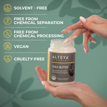 Cabello saludable con manteca de karité de Alteya Organics para brillo natural.