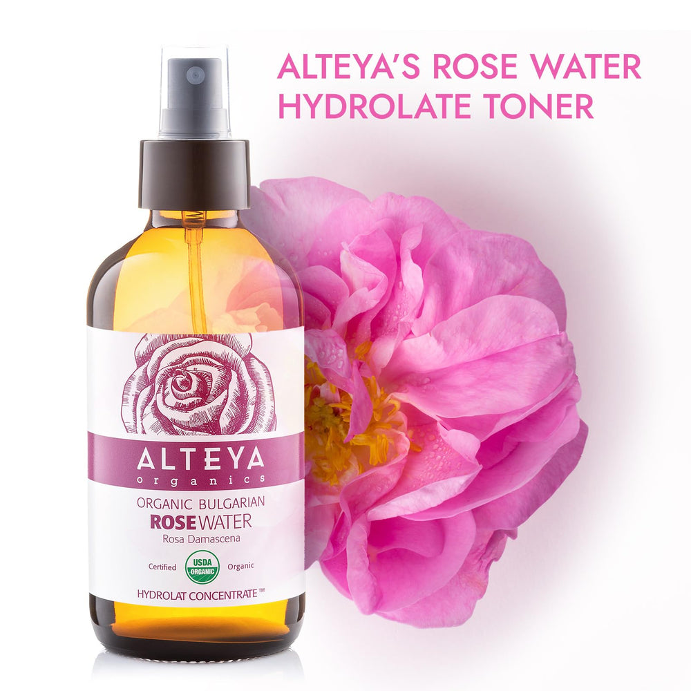 Alteya Rose Water in amber glass highlights pure steam-distilled Bulgarian Rosa Damascena for daily toning.