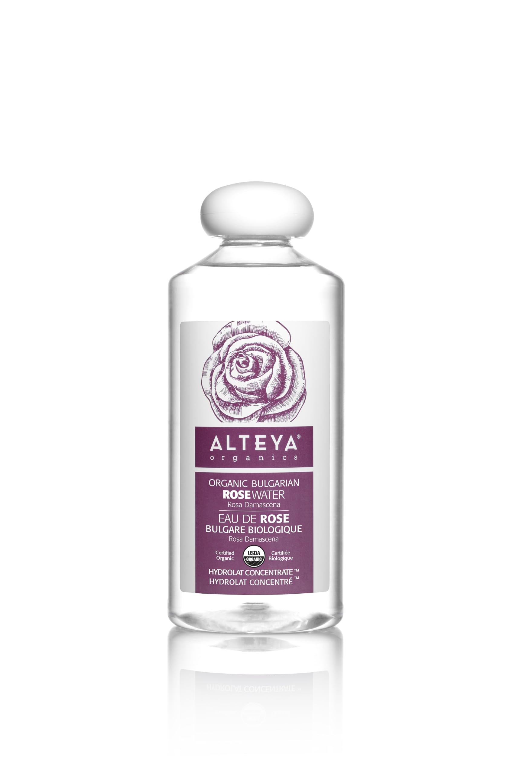 Alteya Organics Rose Water Toner, bouteille 500 ml, rafraîchit et hydrate en douceur.
