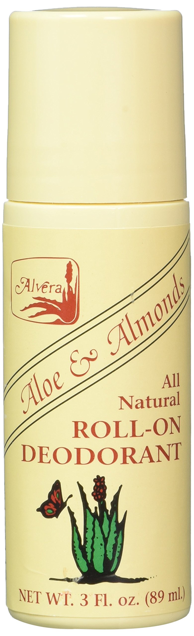 Alvera Déodorant Roll-On Aloe et Amandes, bouteille prête à l'emploi pour une fraîcheur durable.