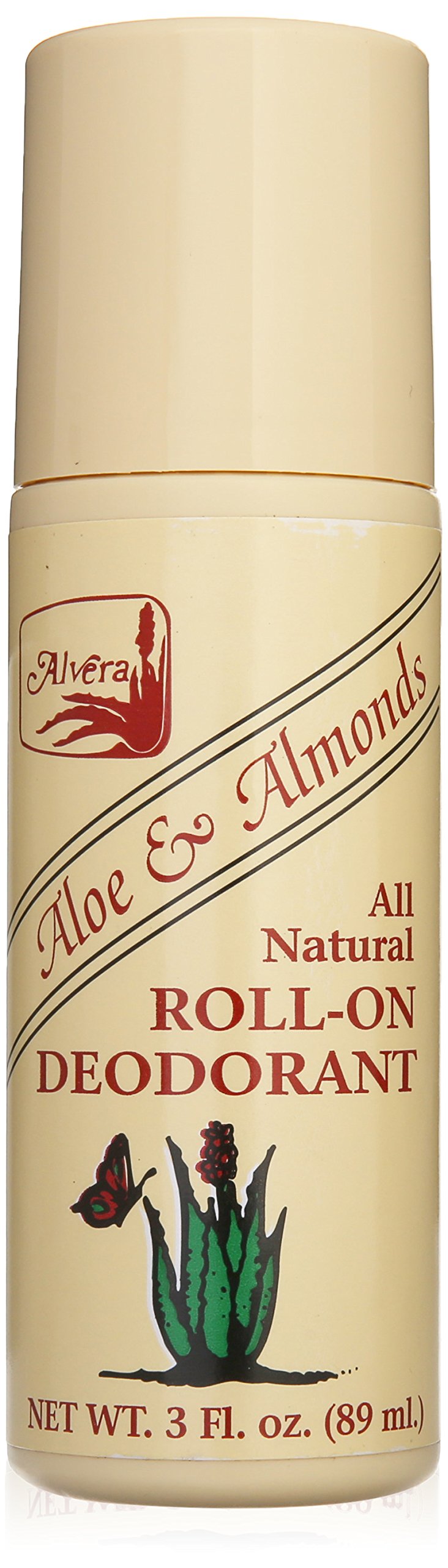 Alvera desodorante roll-on Aloe y Almendras, envase 3 oz para uso diario.