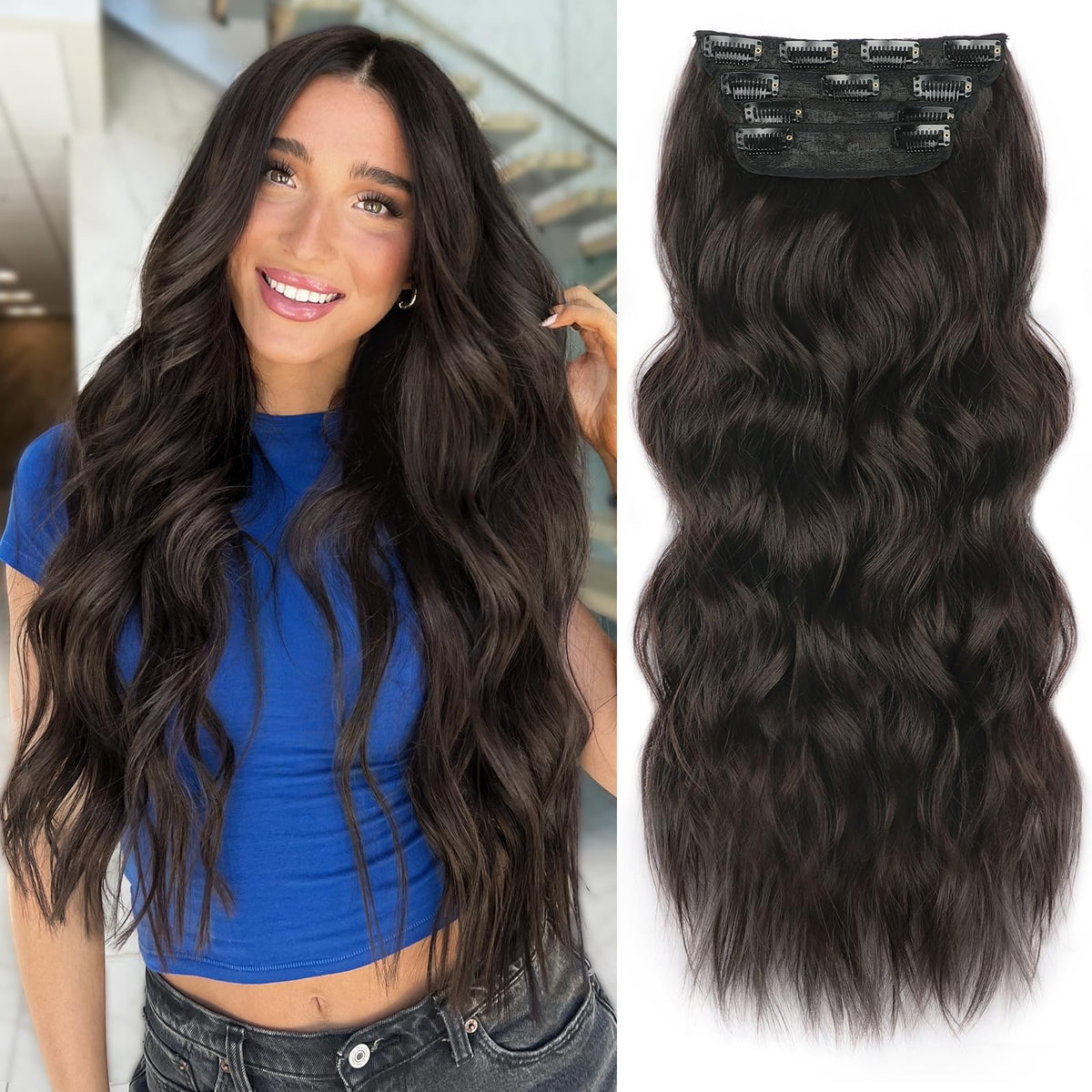 ALXNAN clip-in long wavy extension with two-clip weft for instant volume