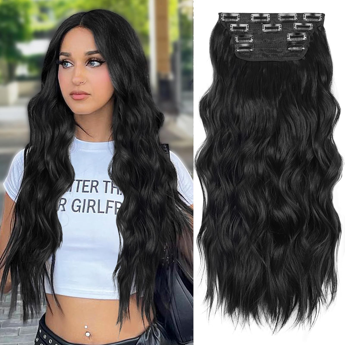 ALXNAN extensión de cabello con clip ondulado largo negro 20 pulgadas para look natural