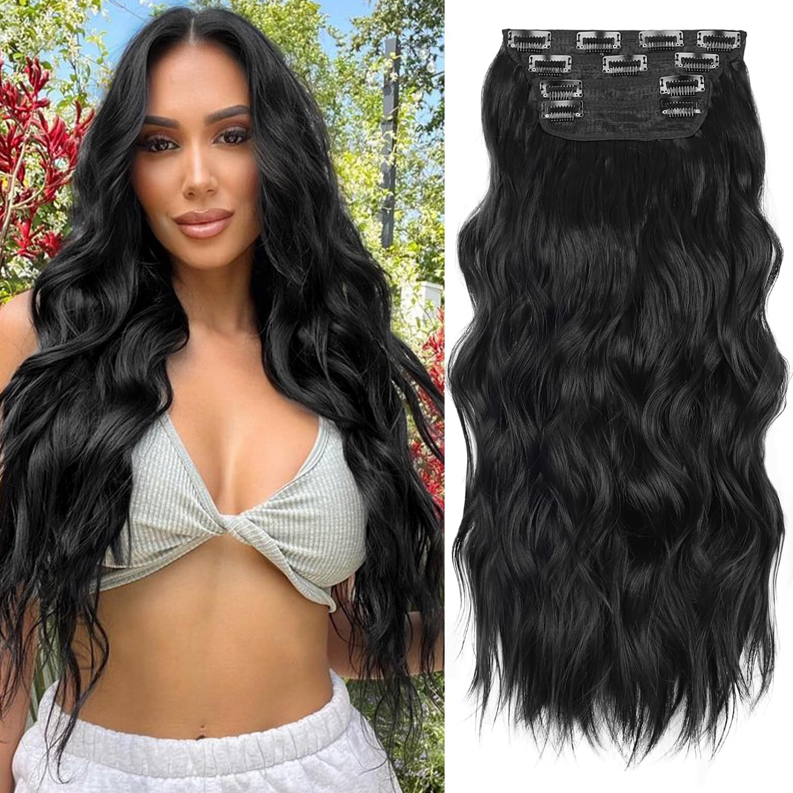 ALXNAN extensiones clip 5p rizado largo 24 pulgadas negro, aplicación rápida