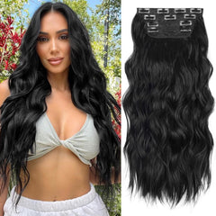 ALXNAN extensiones clip 5p rizado largo 24 pulgadas negro, aplicación rápida