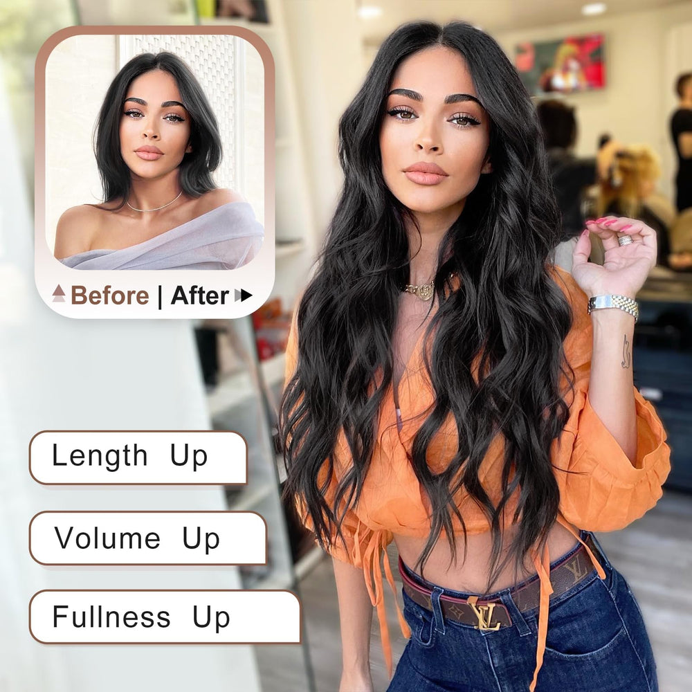 ALXNAN extensiones clip 6p rizado largo 24 pulgadas negro, añade longitud suave