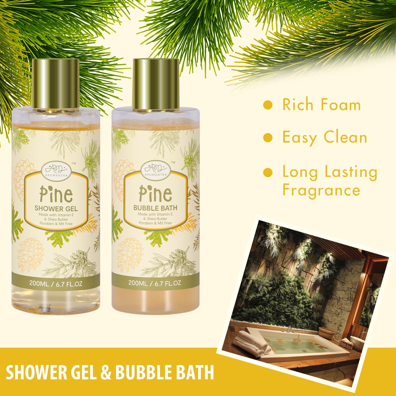 AM AROMANTRA baño-burbujas con aroma a pino para spa en casa