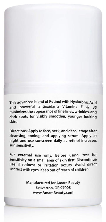 Amara Beauty Retinol Cream packaging features hyaluronic acid and shea butter