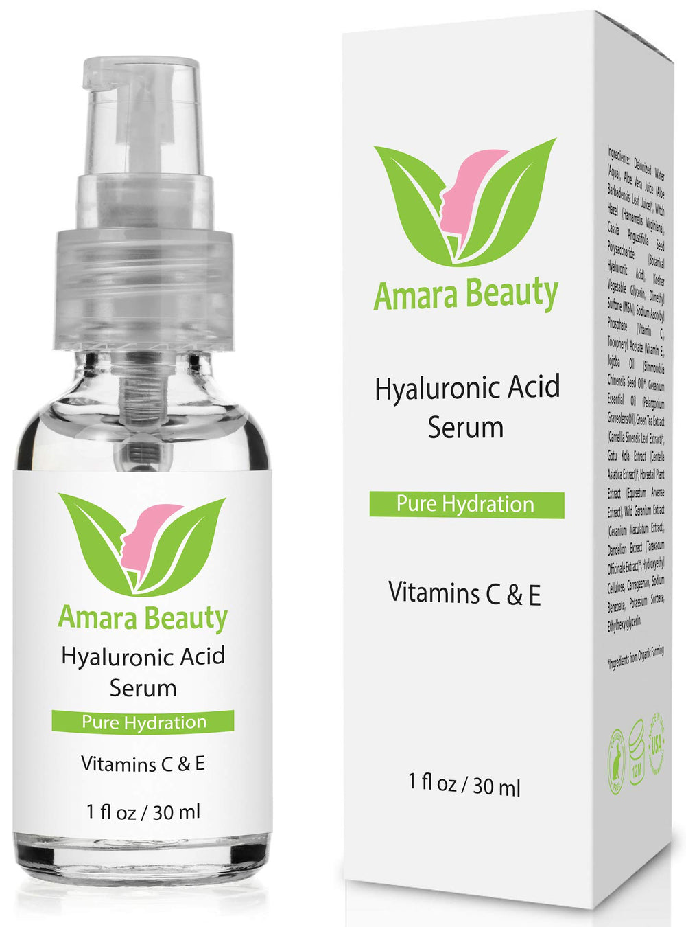 Sérum Amara Beauty con ácido hialurónico en botella, hidratación diaria