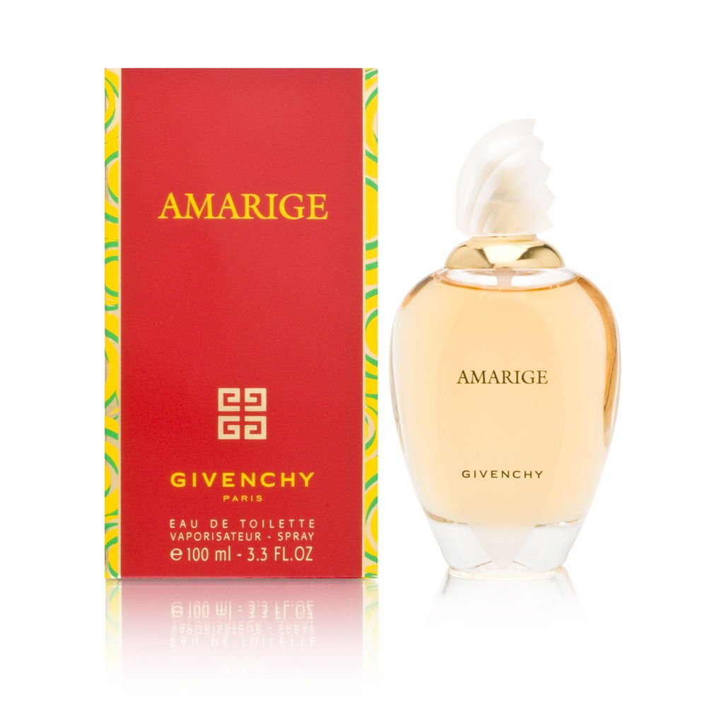 Frasco de Amarige de Givenchy, fragancia floral duradera para uso diario.