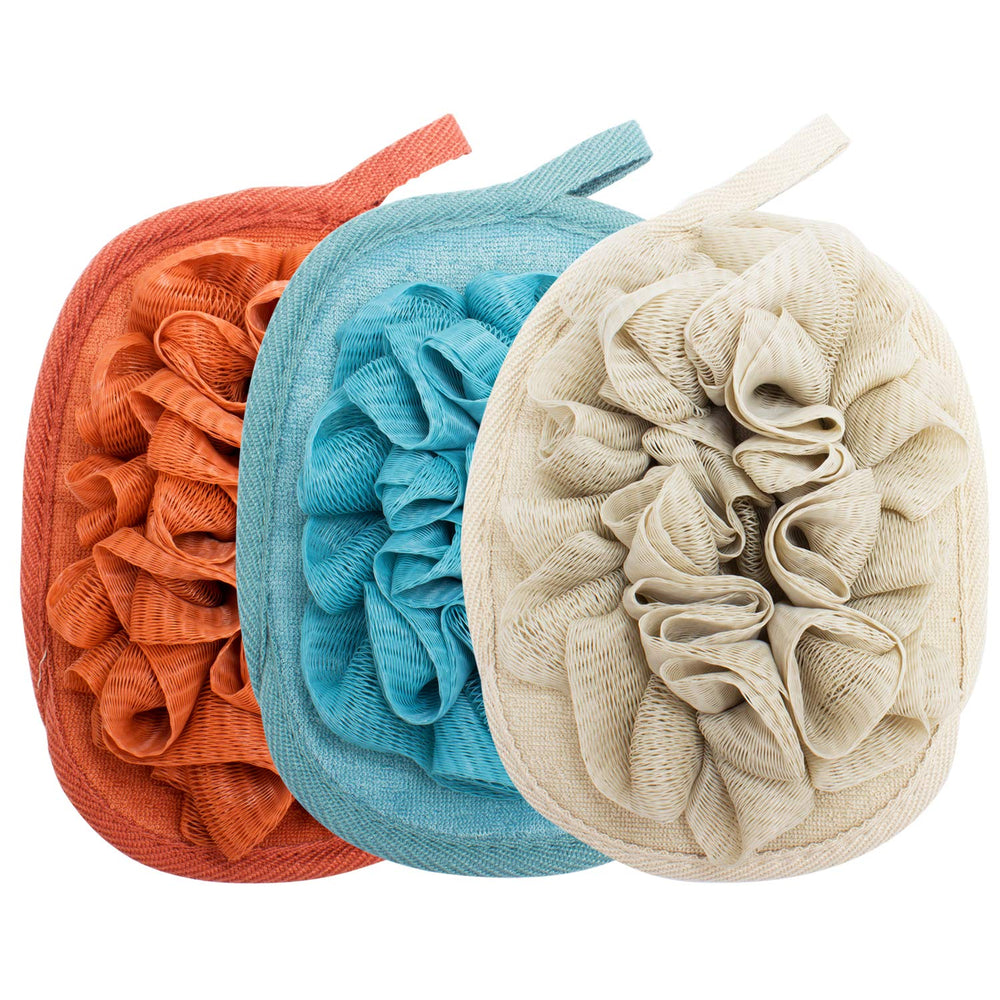 Amariver pack de tres guantes de ducha con malla y bola floral para exfoliar suavemente