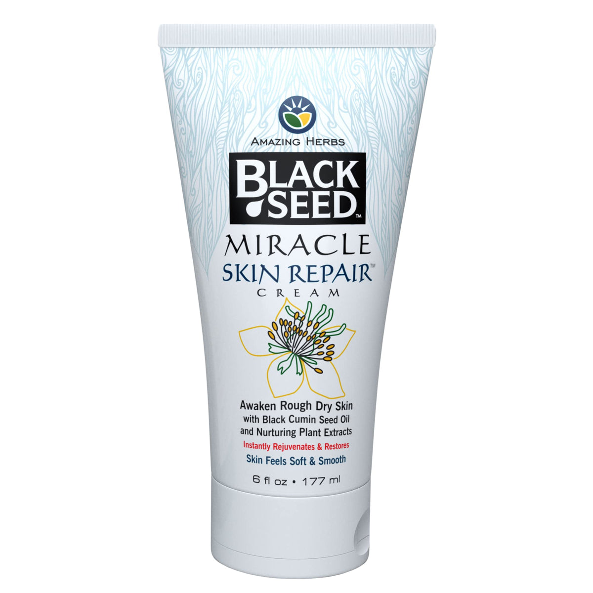 Amazing Herbs crema reparadora de piel con semilla negra en botella para uso diario.