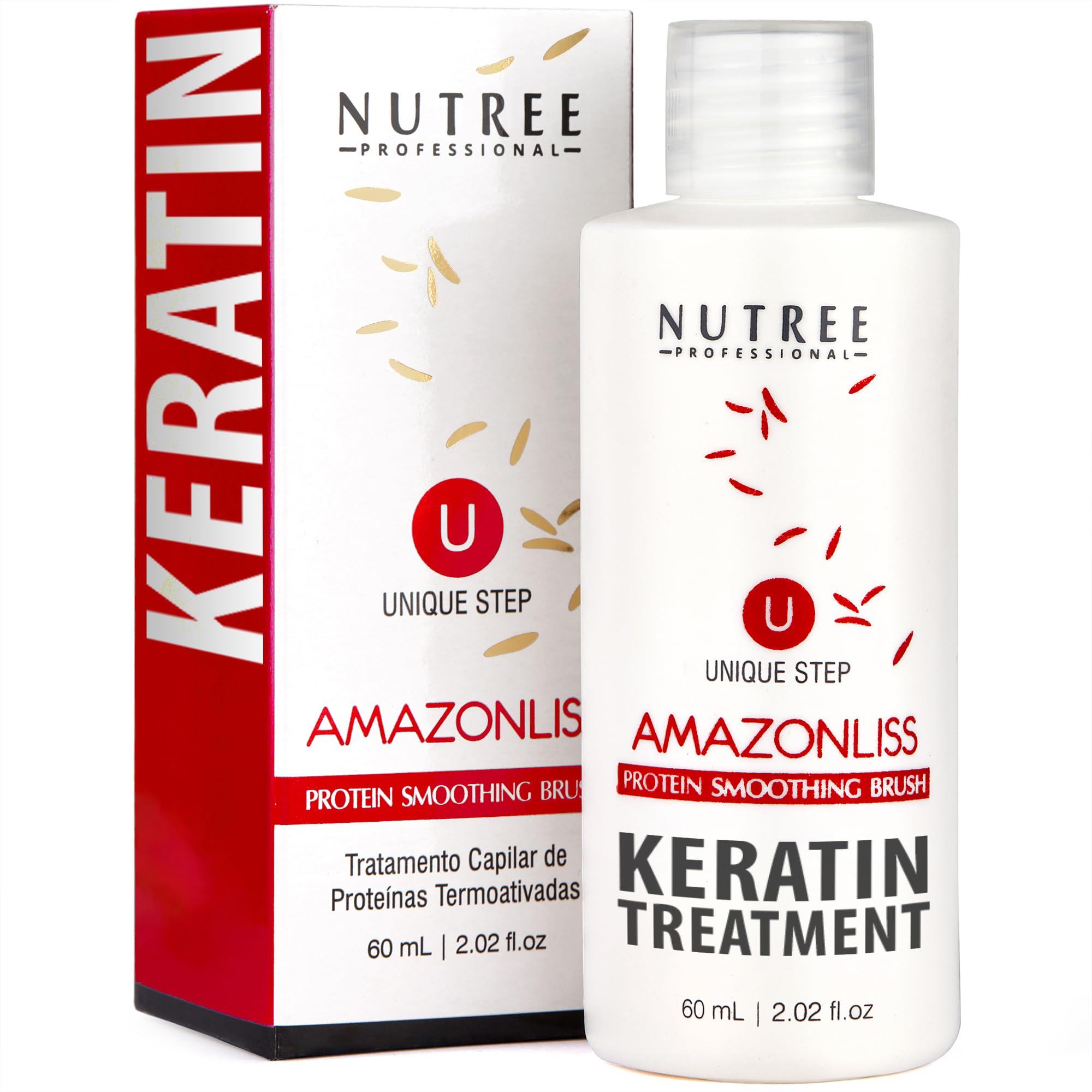 Amazonliss tratamiento de keratina en botella para cabello suave y brillante.