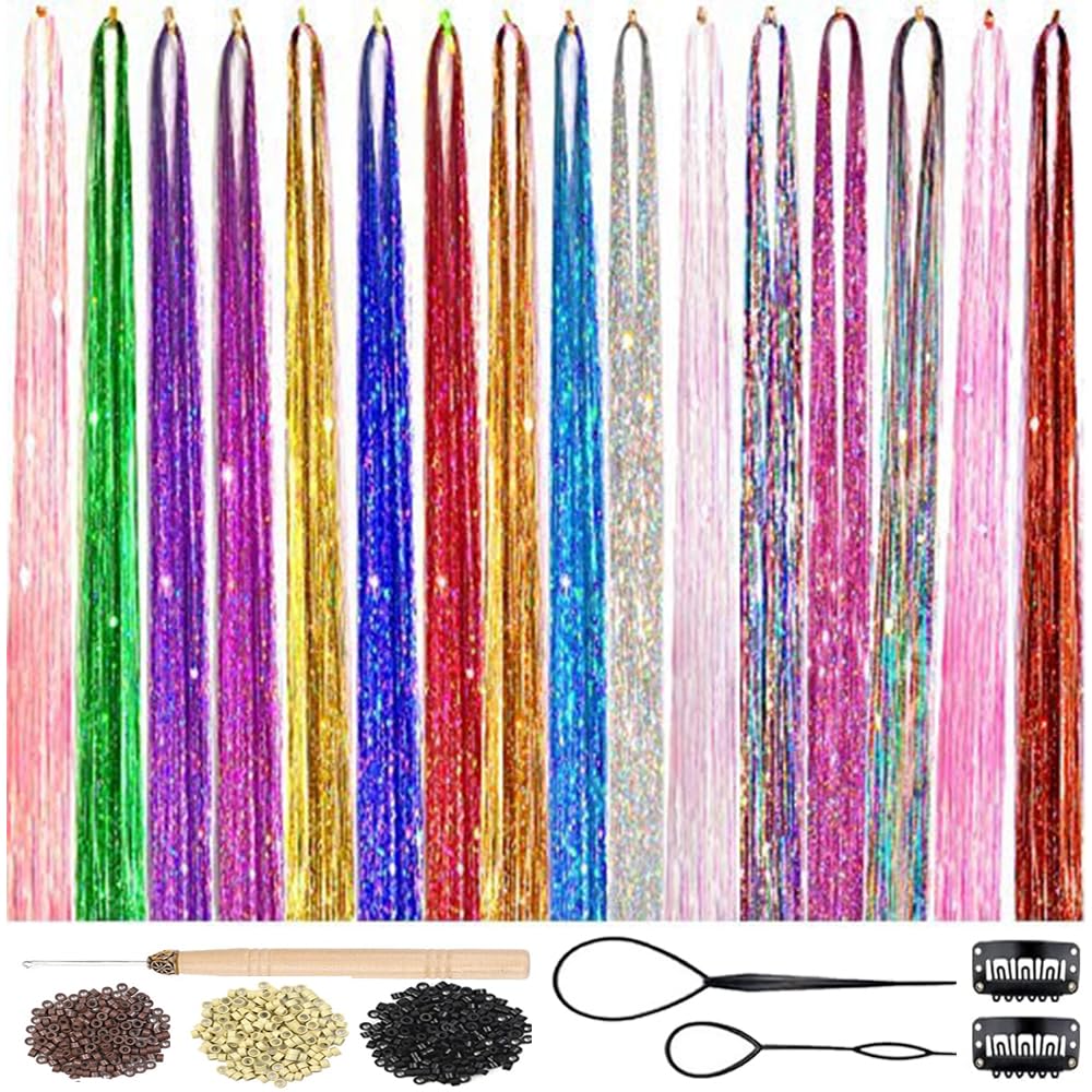 Amchoice kit tinsel para cabello con 16 colores y 48 pulgadas de longitud.