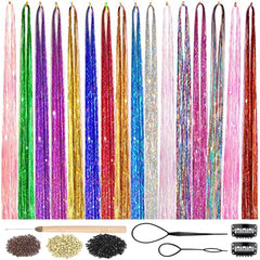 Amchoice kit tinsel para cabello con 16 colores y 48 pulgadas de longitud.