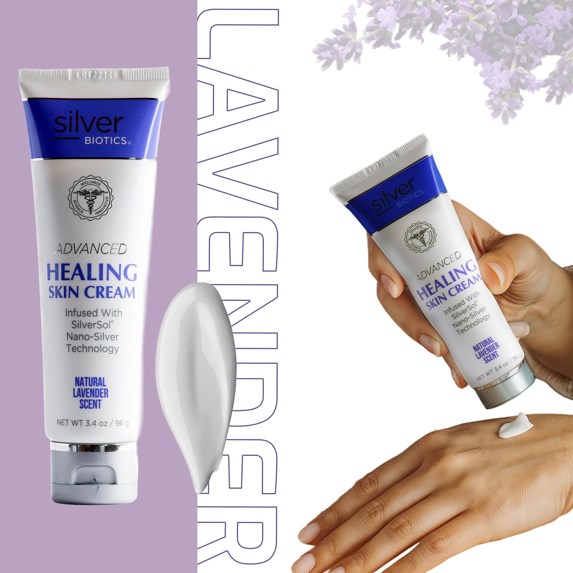 Textura ligera de loción lavanda, piel suave tras la aplicación.