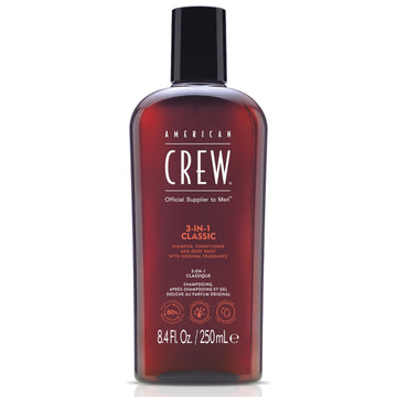 American Crew 3-in-1 shampoo bottle pouring for easy all-in-one cleansing