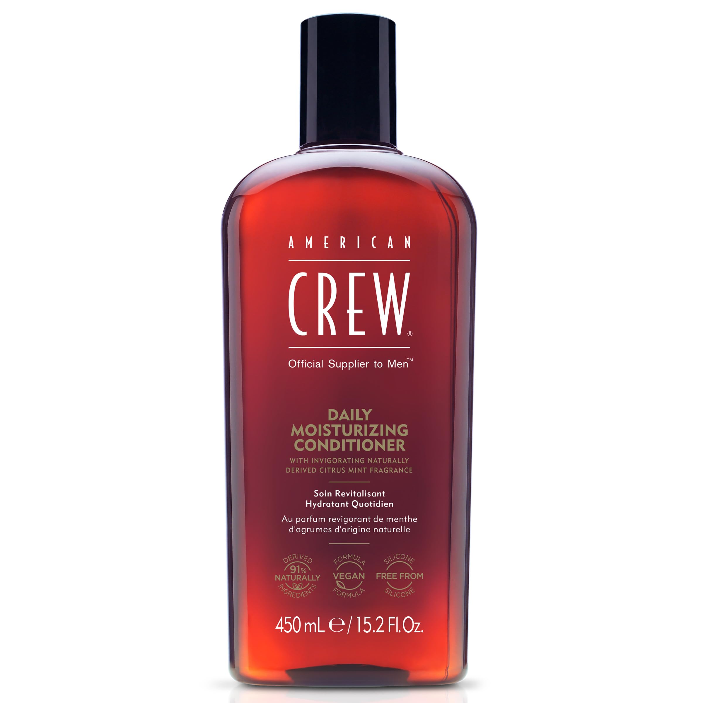 Acondicionador American Crew para hombres: botella elegante para cuidado diario del cabello.