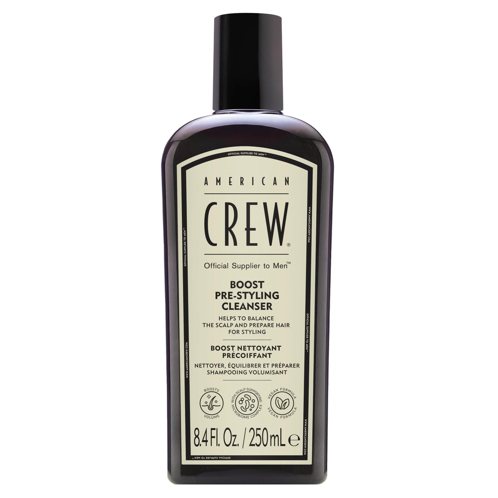 American Crew Boost Shampoo: botella con volumen desde la raíz para cabello fino.