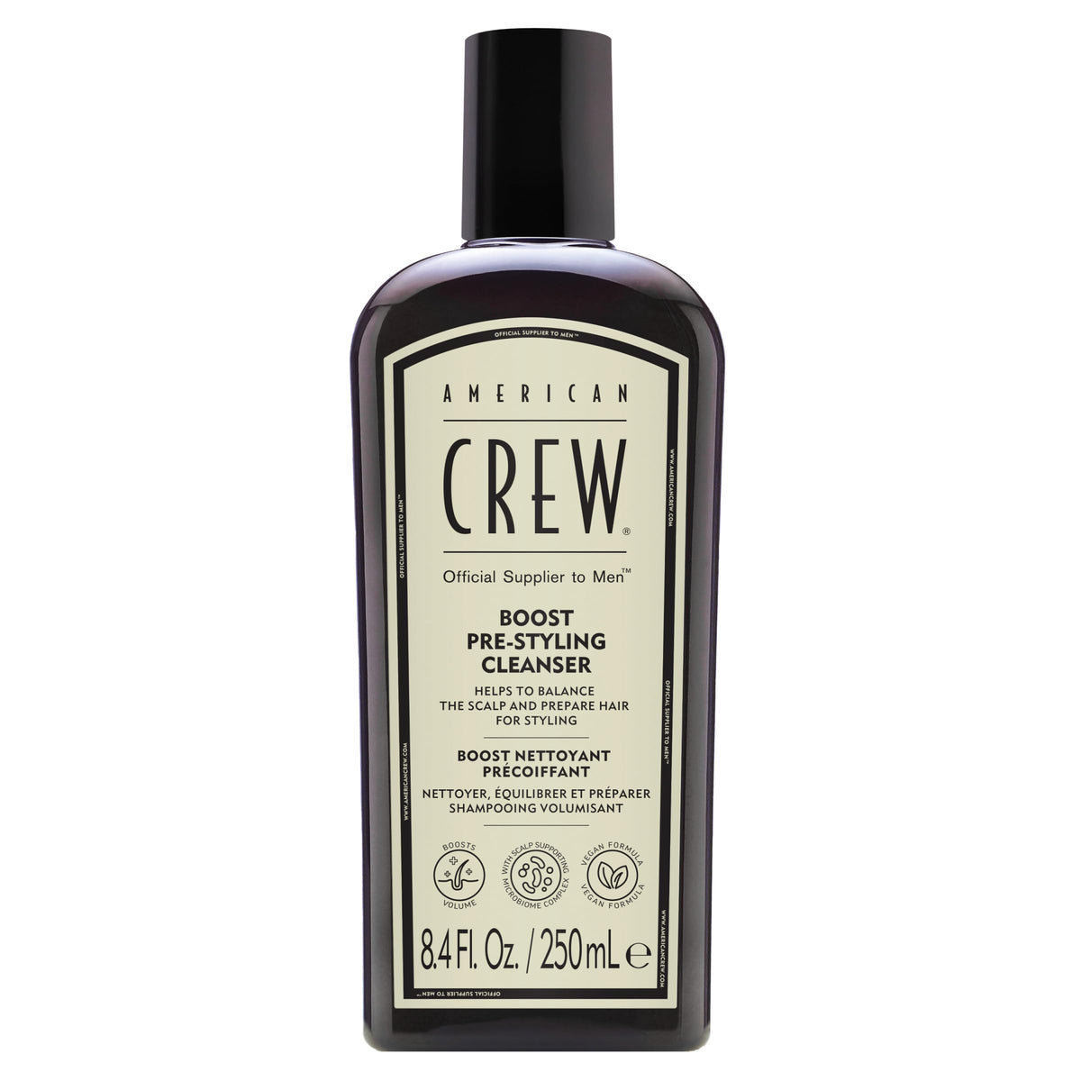 American Crew Boost Shampoo: botella con volumen desde la raíz para cabello fino.