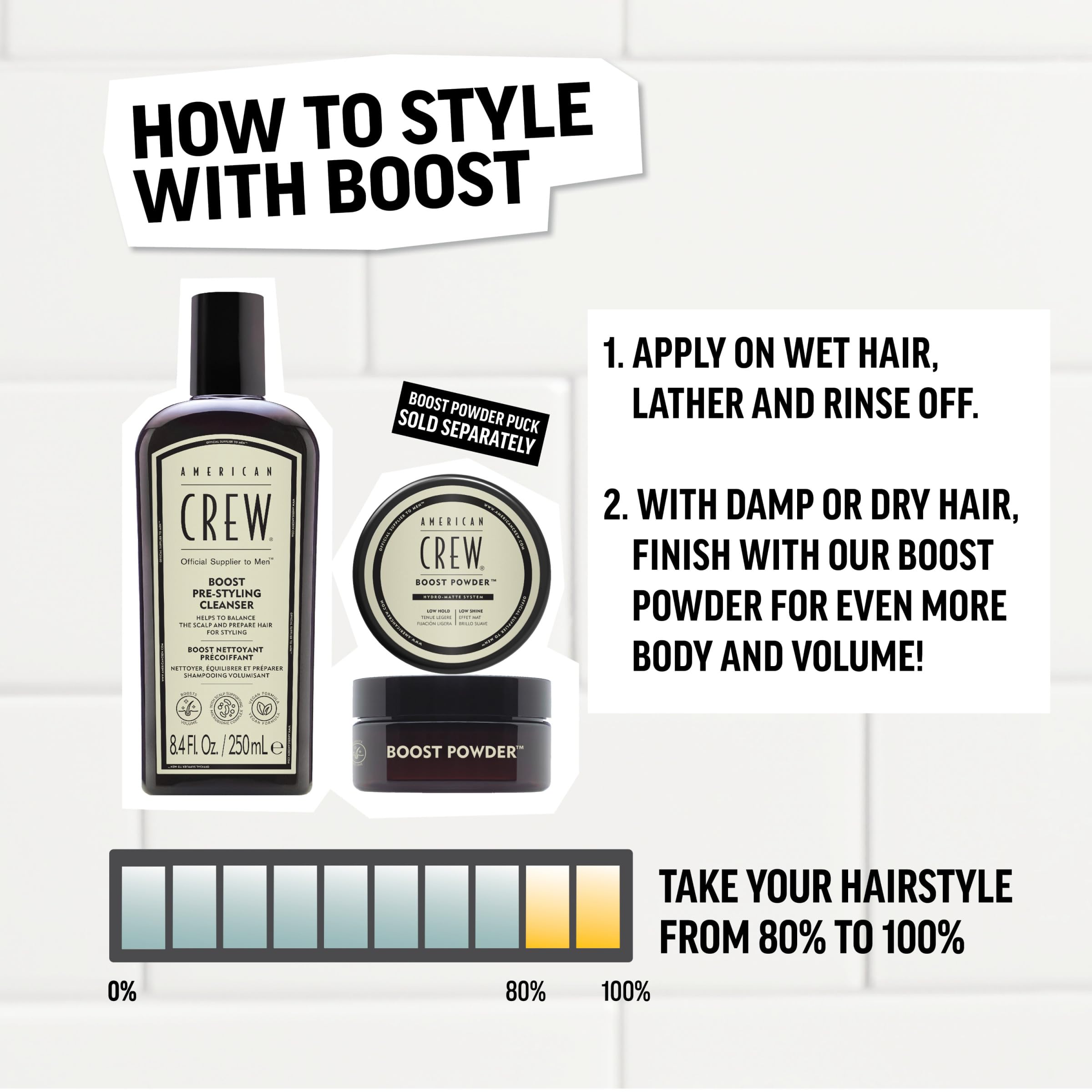 American Crew Boost Shampoo: etiqueta que destaca fórmula vegana.