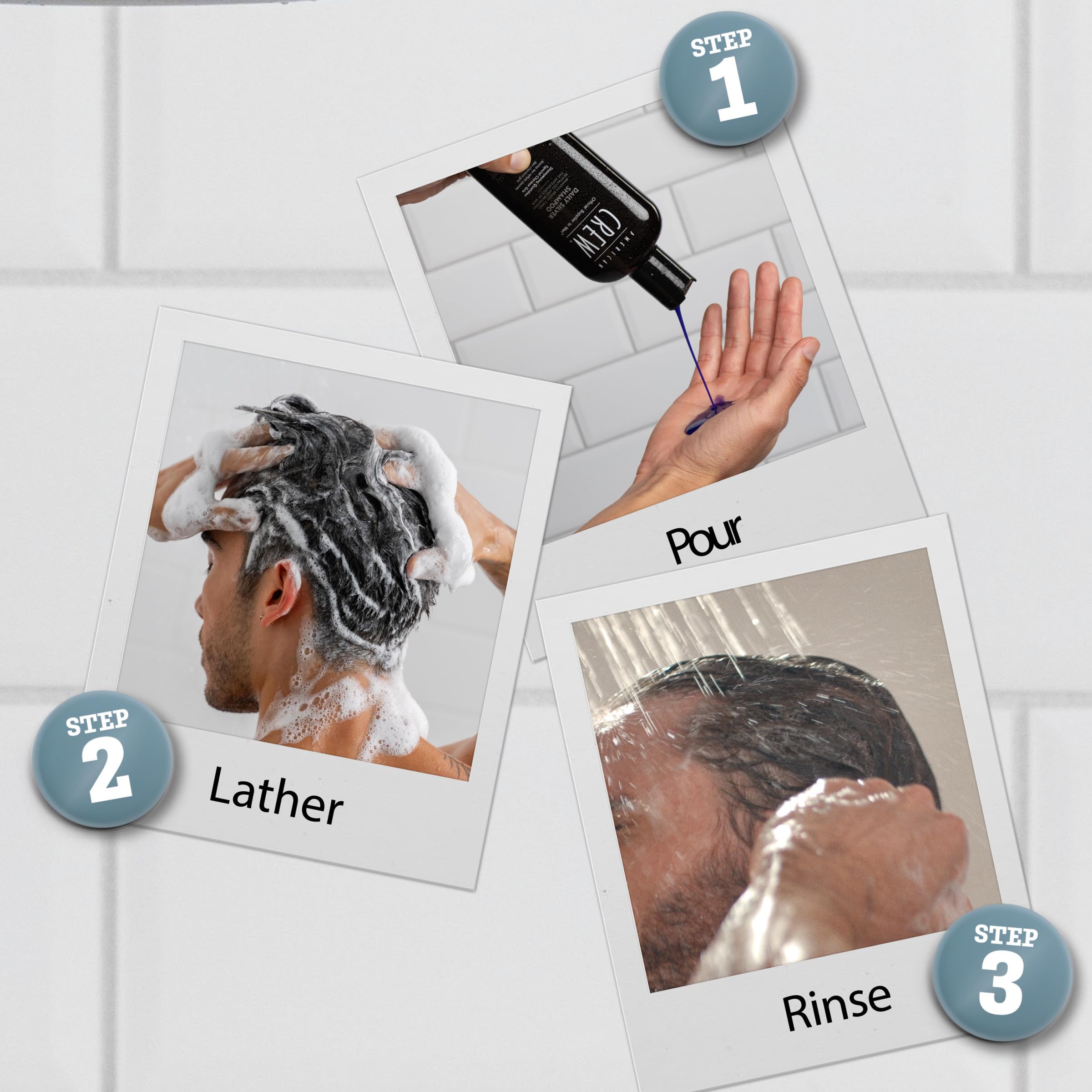 Cabello gris suave y brillante tras el lavado con American Crew.