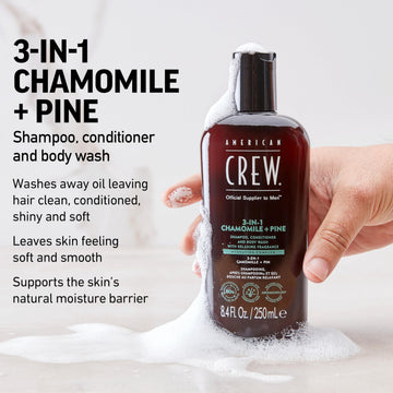 American Crew Chamomile Pine packaging box highlights calming fragrance and versatile wash