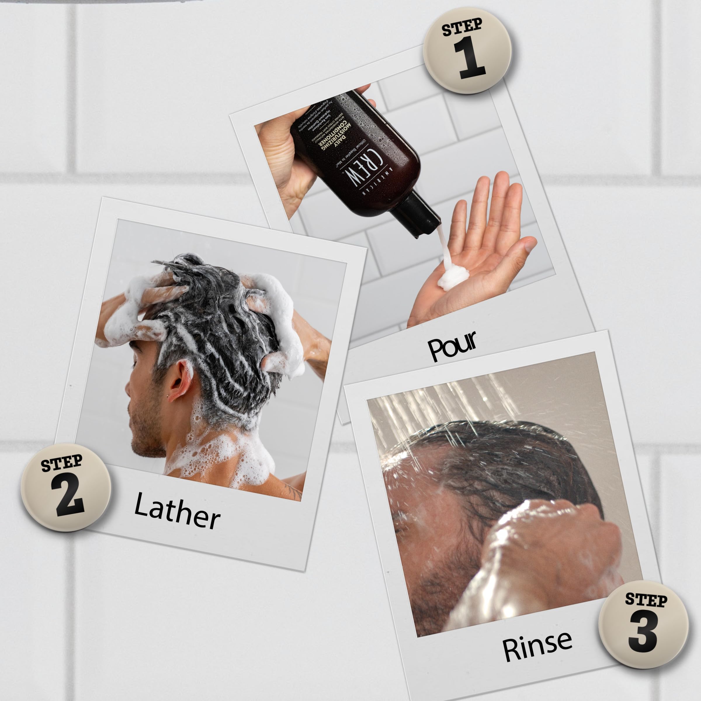 AMERICAN CREW application rapide, massage du cuir chevelu et rinçage facile.