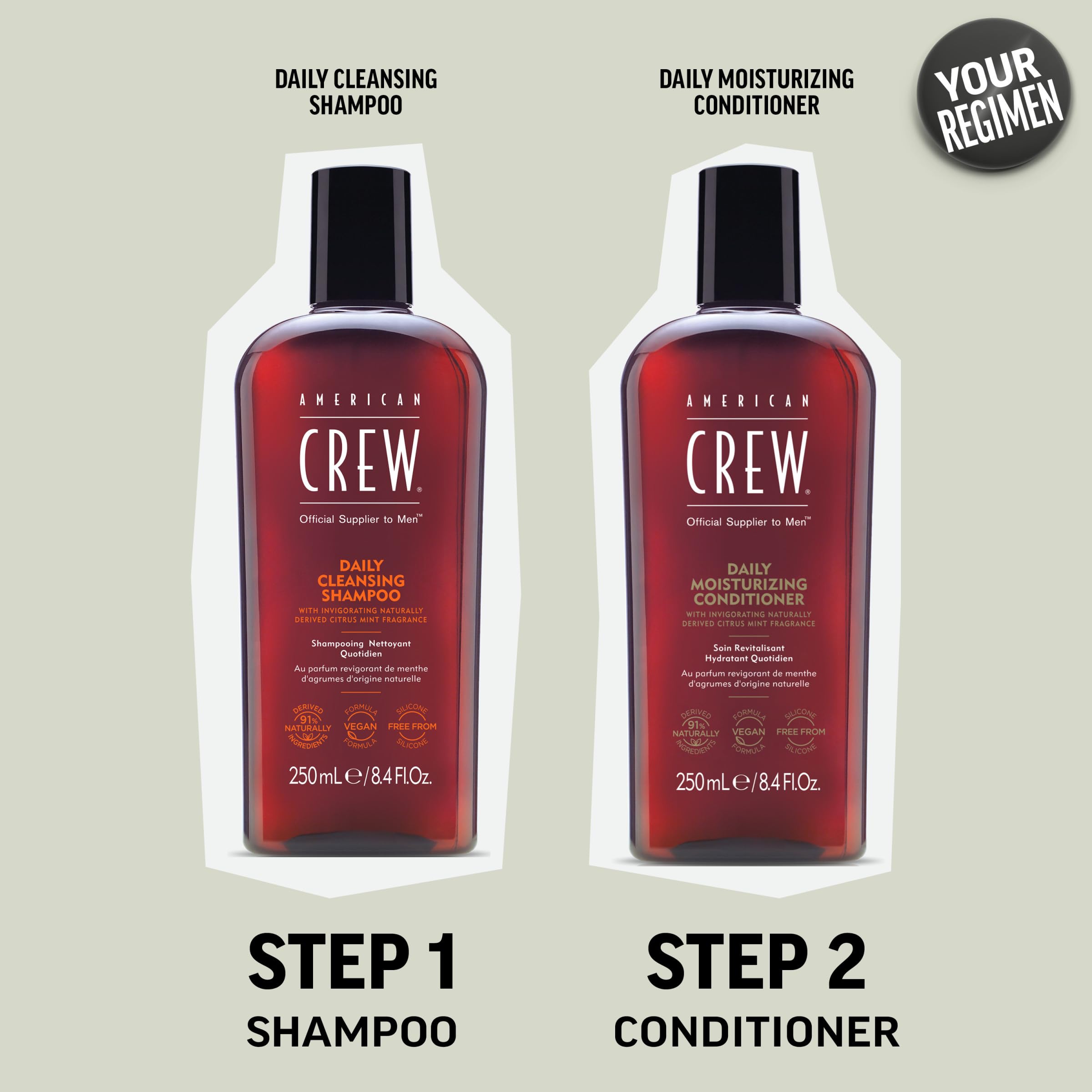 AMERICAN CREW formule vegan sans silicone, adaptée aux cheveux normaux à secs.
