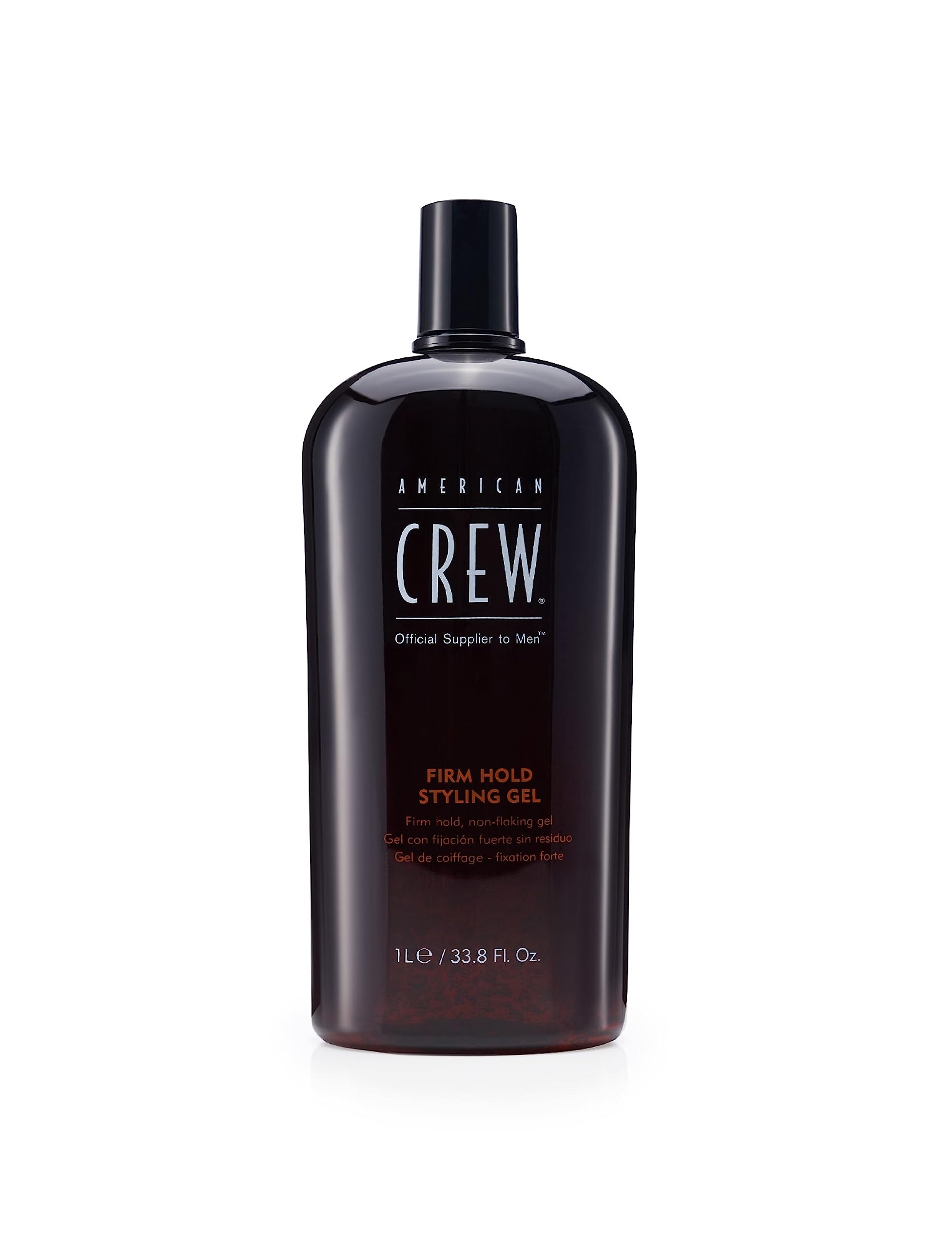 American Crew Gel pour cheveux, bouteille visible, offre une tenue ferme et brillante.