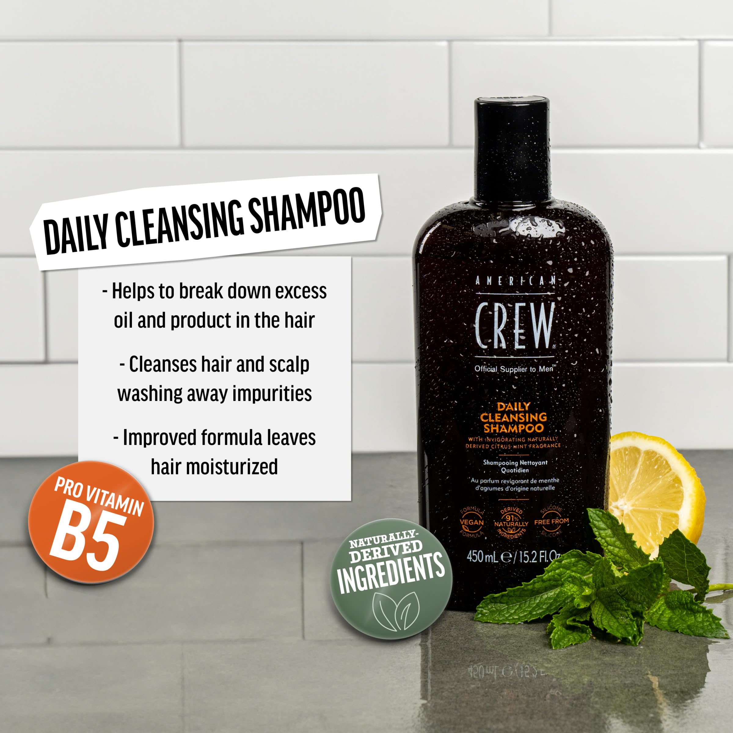AMERICAN CREW Shampoing – ingrédients Vitamine B5 visibles, hydratation douce pour cheveux normaux.