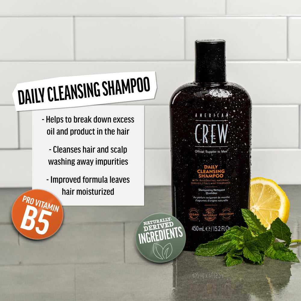 AMERICAN CREW Shampoing – ingrédients Vitamine B5 visibles, hydratation douce pour cheveux normaux.