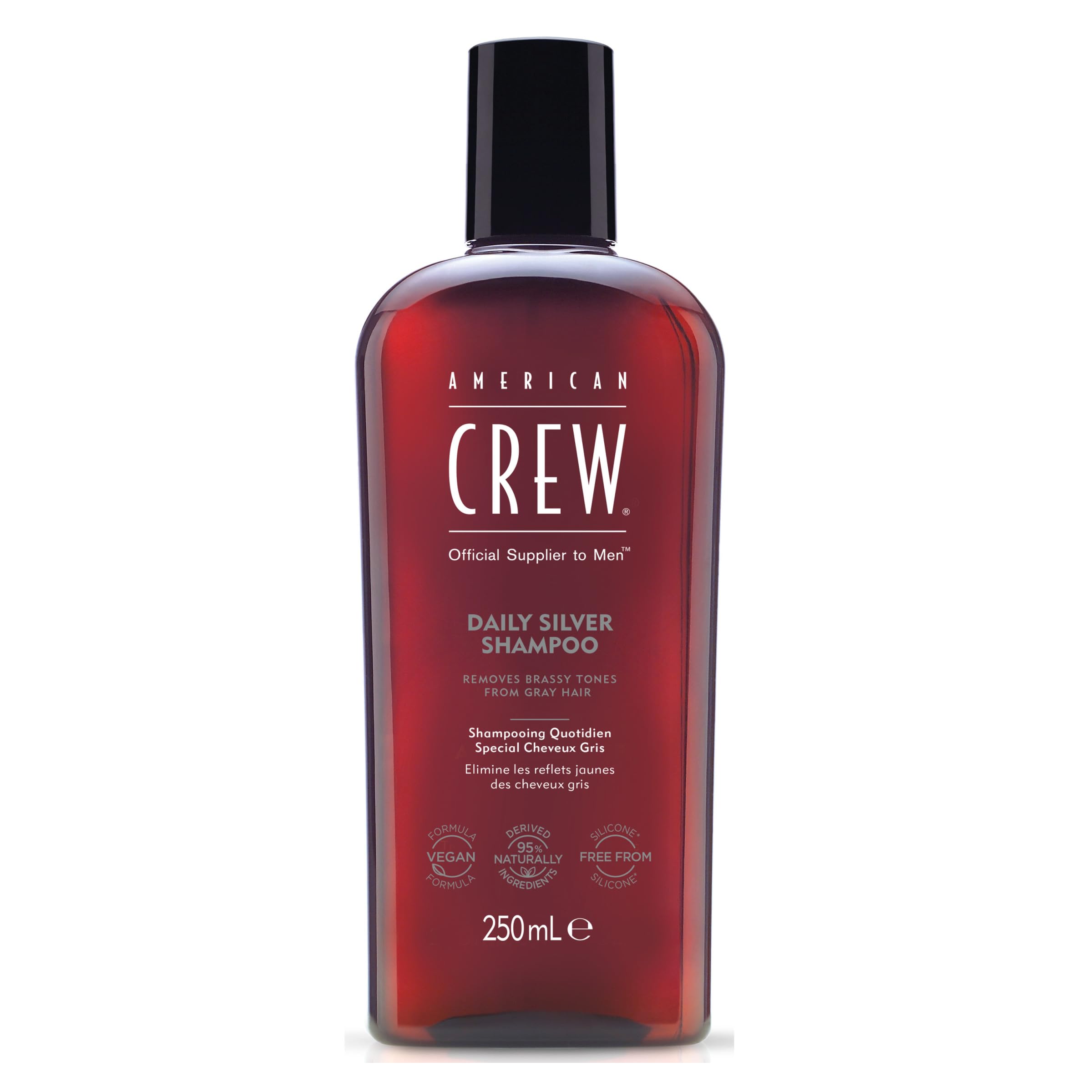 American Crew shampoo diario plateado para canas suaviza el tono gris.