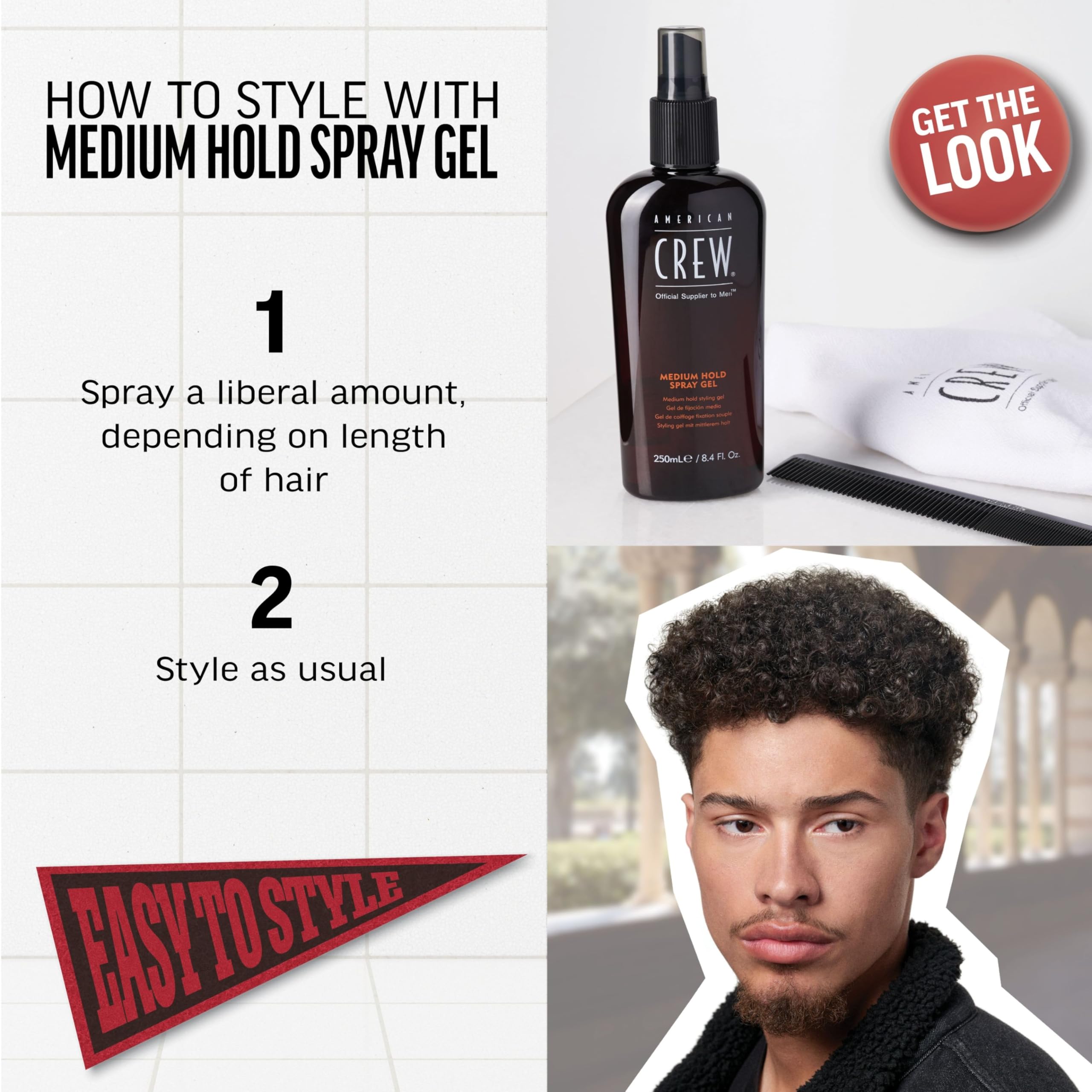 American Crew spray fijador, cabello húmedo, acabado natural con buena flexibilidad.