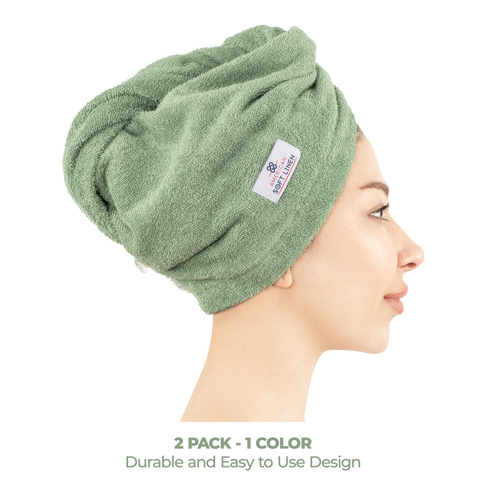 American Soft Linen toalla para cabello en color verde salvia, doble paquete