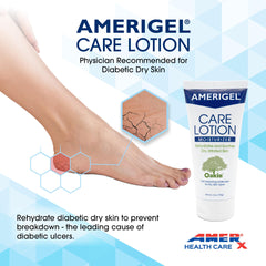 Pie con piel deshidratada recibiendo cuidado con AMERIGEL Care Lotion.